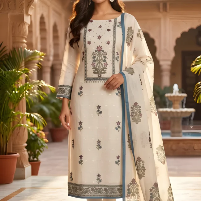 Ivory Bloom Linen Unstitched Suit Set with Printed Dupatta