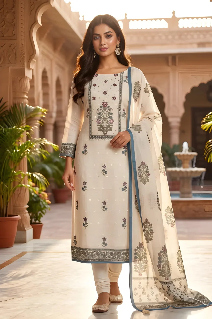 Ivory Bloom Linen Unstitched Suit Set with Printed Dupatta