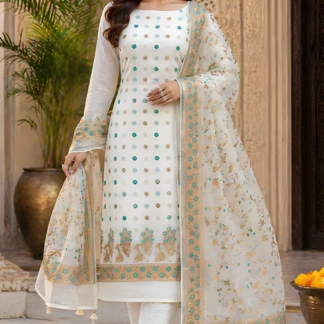 Ivory Heritage Cotton Banarasi Unstitched Suit Set with Banarasi Woven Dupatta