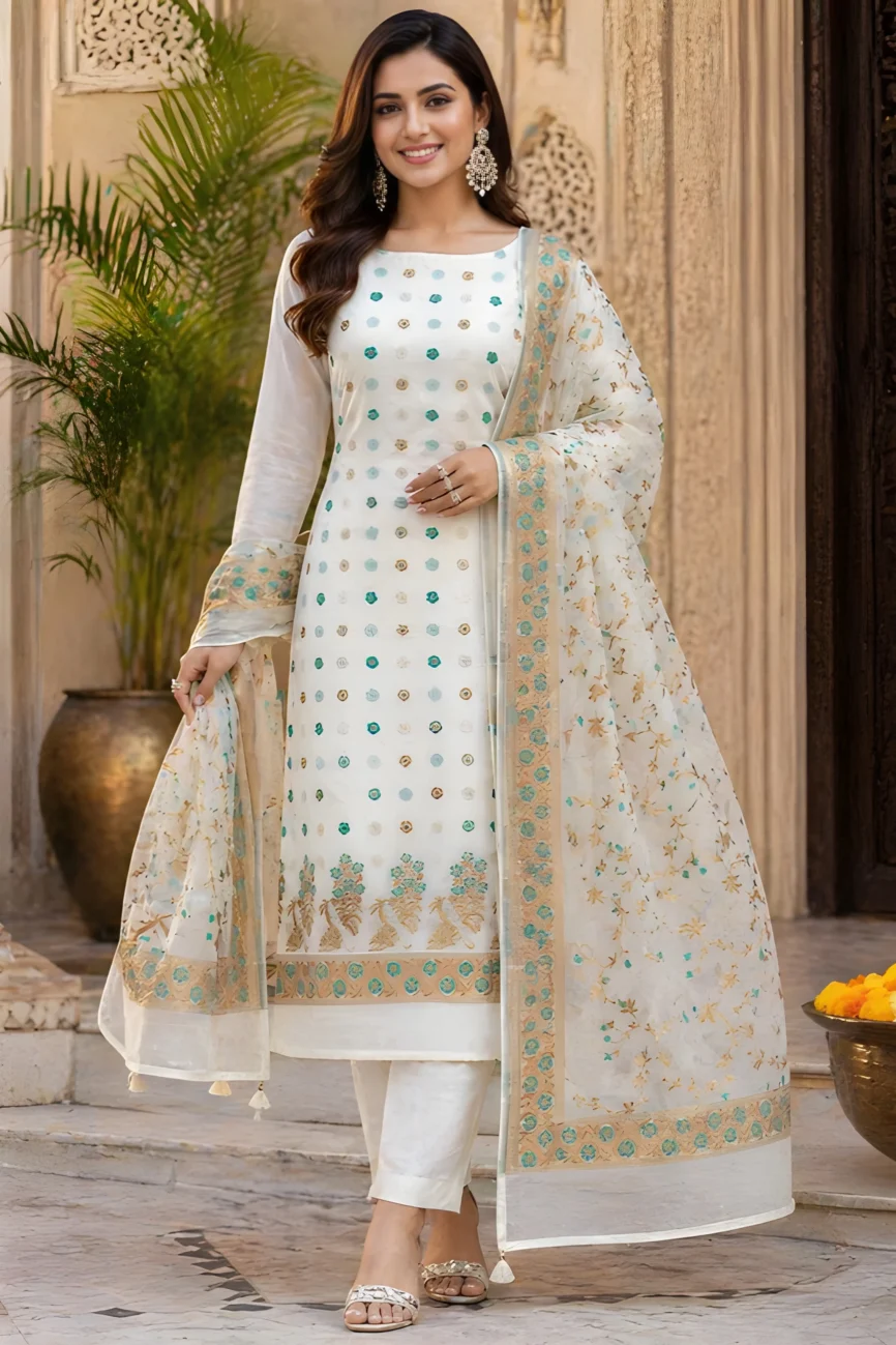 Ivory Heritage Cotton Banarasi Unstitched Suit Set with Banarasi Woven Dupatta