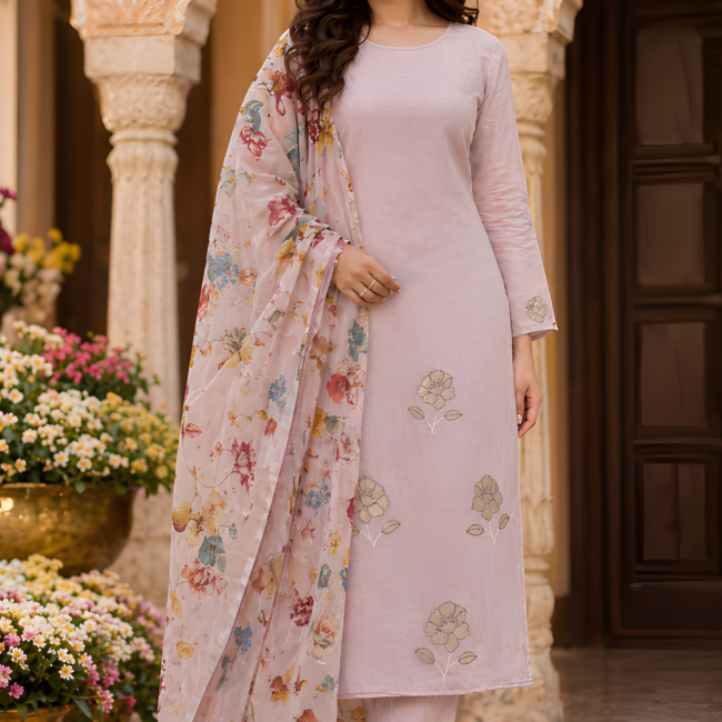 Blush Bloom Cotton Unstitched Suit Set with Golden Thread Floral Dupatta