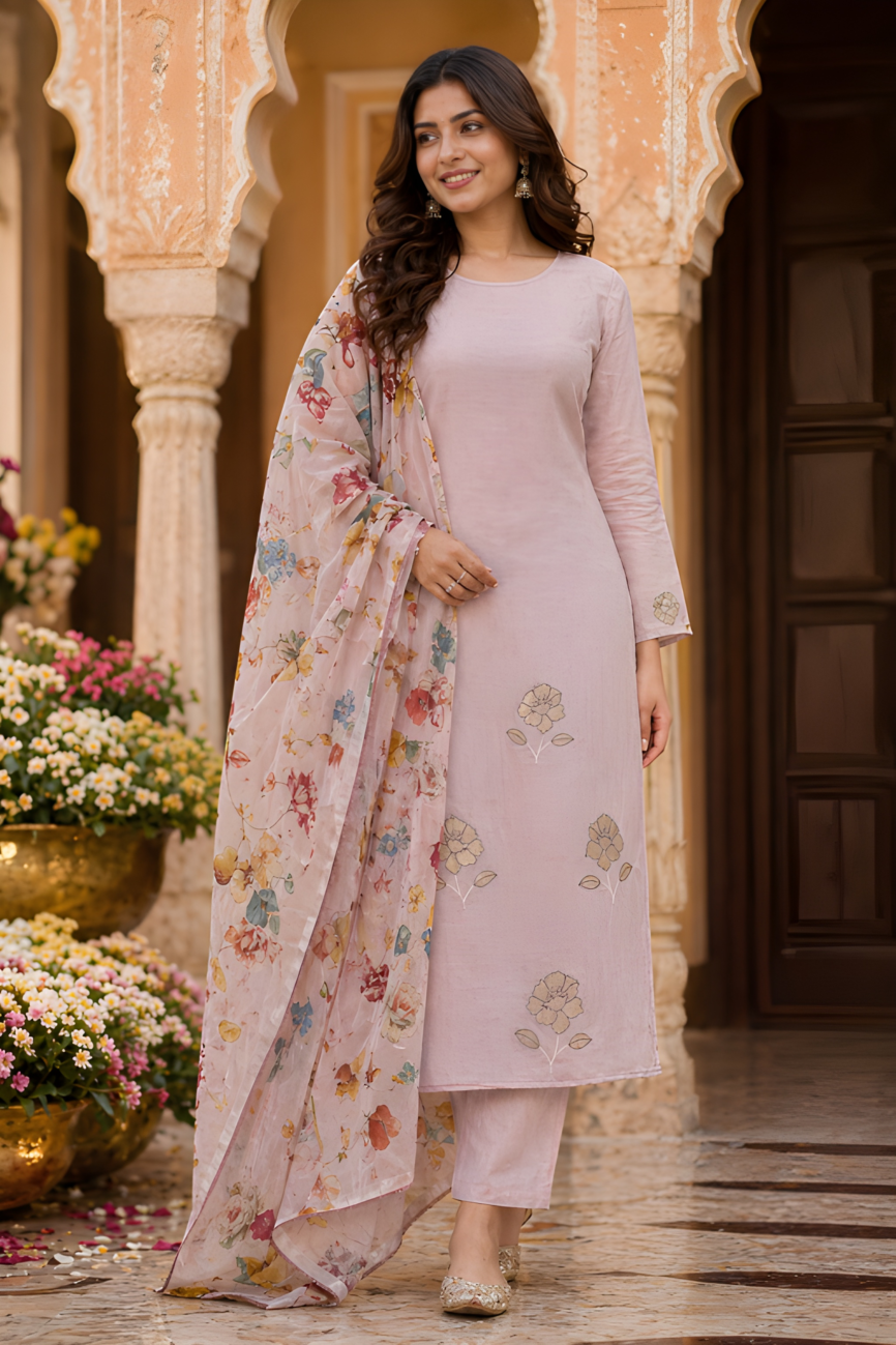 Blush Bloom Cotton Unstitched Suit Set with Golden Thread Floral Dupatta
