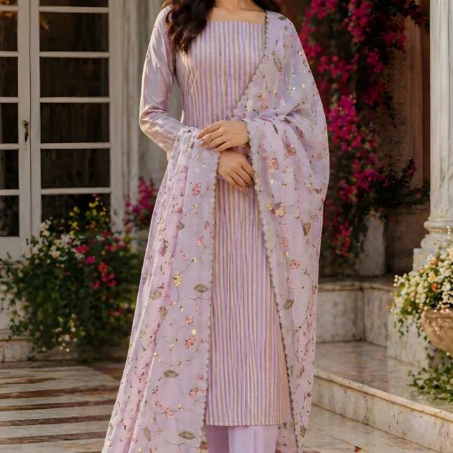 Blush Stripe Cotton Unstitched Suit Set with Embroidered Floral Dupatta