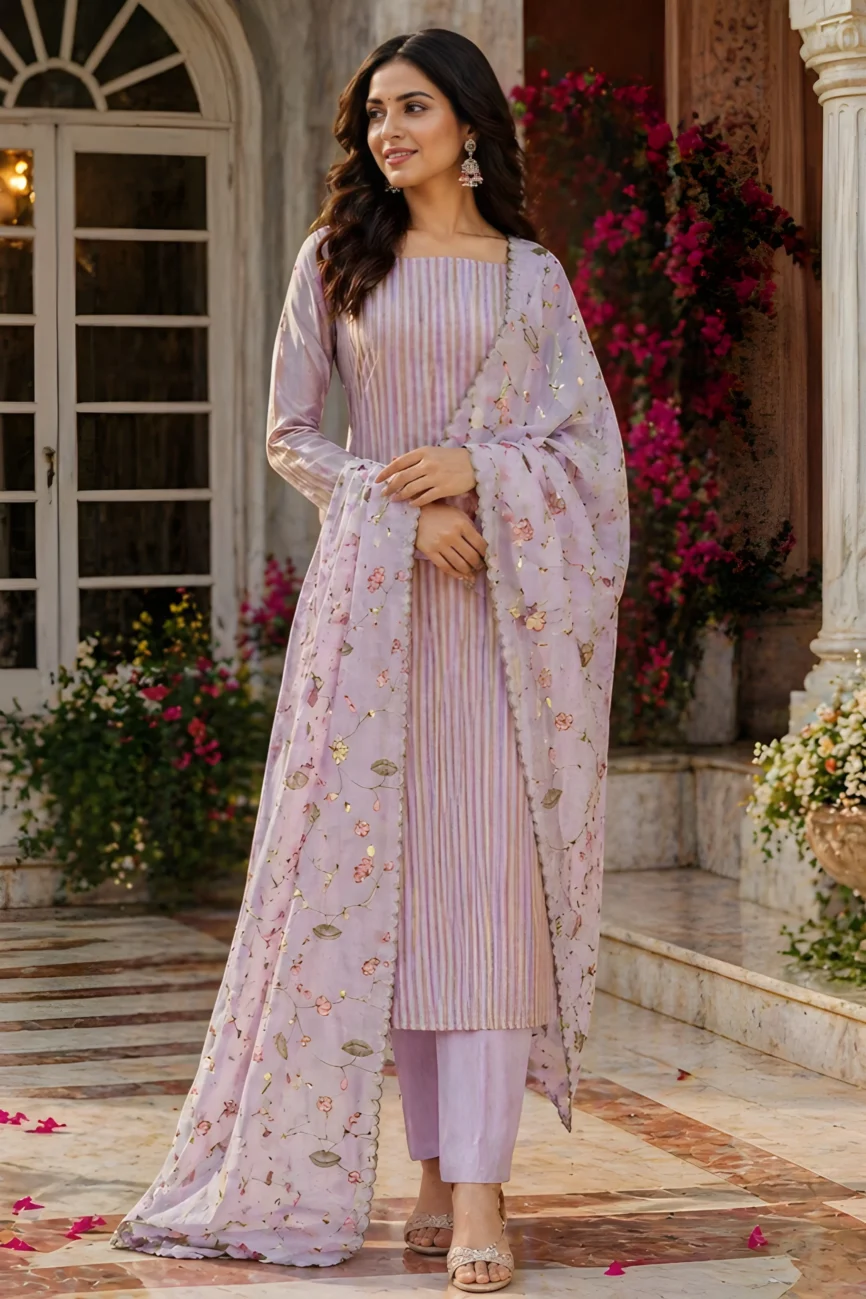 Blush Stripe Cotton Unstitched Suit Set with Embroidered Floral Dupatta