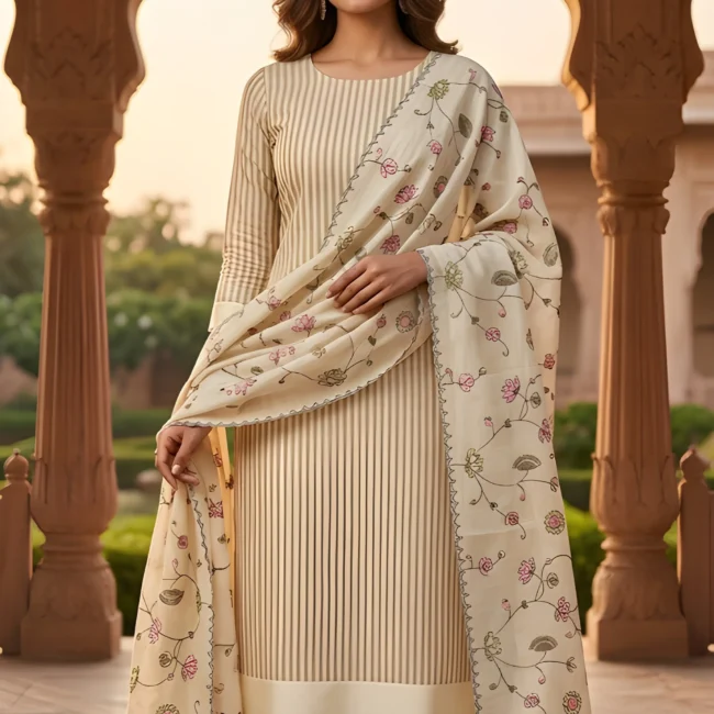 Lemon Grace Striped Cotton Unstitched Suit Set with Embroidered Dupatta