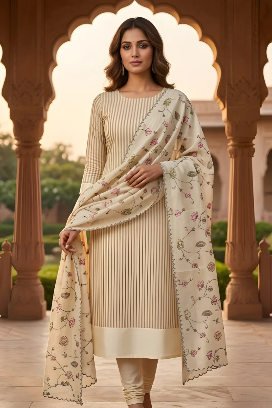 Lemon Grace Striped Cotton Unstitched Suit Set with Embroidered Dupatta