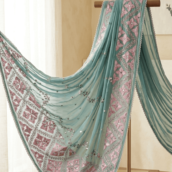Grey Crepe Phulkari Elegance Dupatta