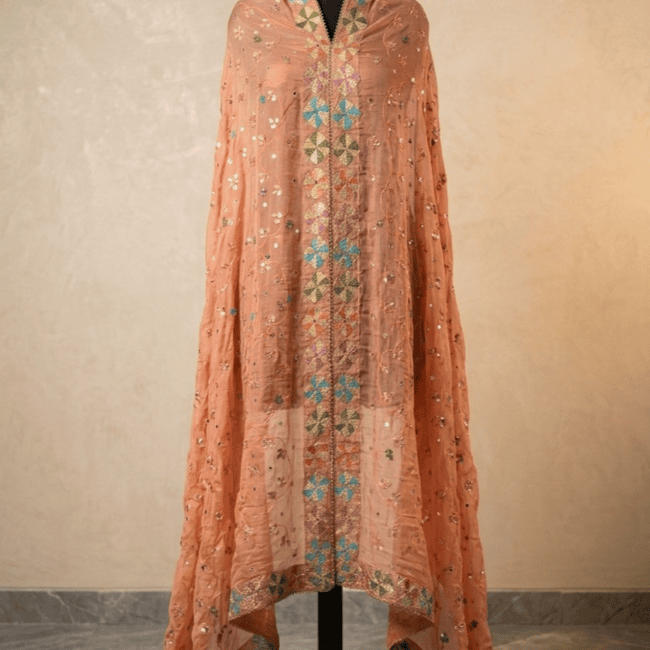 Peach Crepe Phulkari Bloom Dupatta