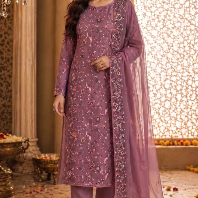 Rose Mist Organza Embroidered Unstitched Suit Set with Designer Dupatta