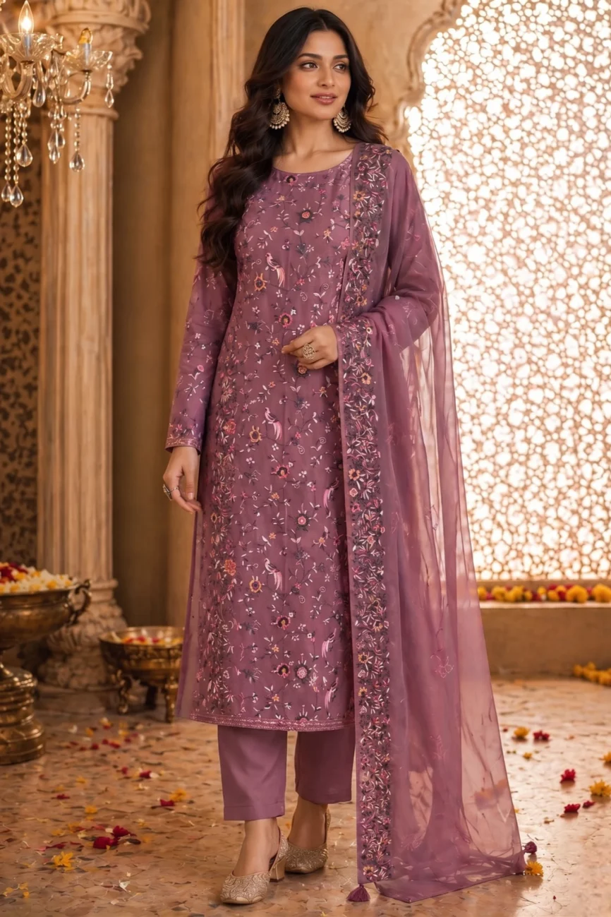 Rose Mist Organza Embroidered Unstitched Suit Set with Designer Dupatta