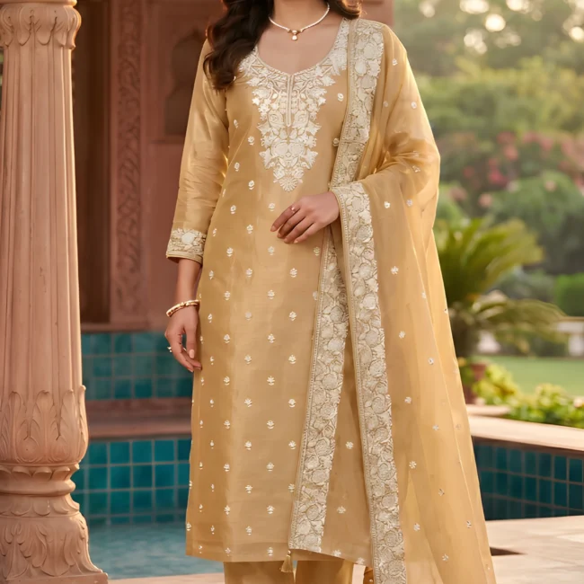 Golden Sand Cotton Tissue Unstitched Suit Set with Embroidered Dupatta