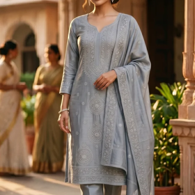 Silver Mist Chanderi Silk Embroidered Unstitched Suit Set