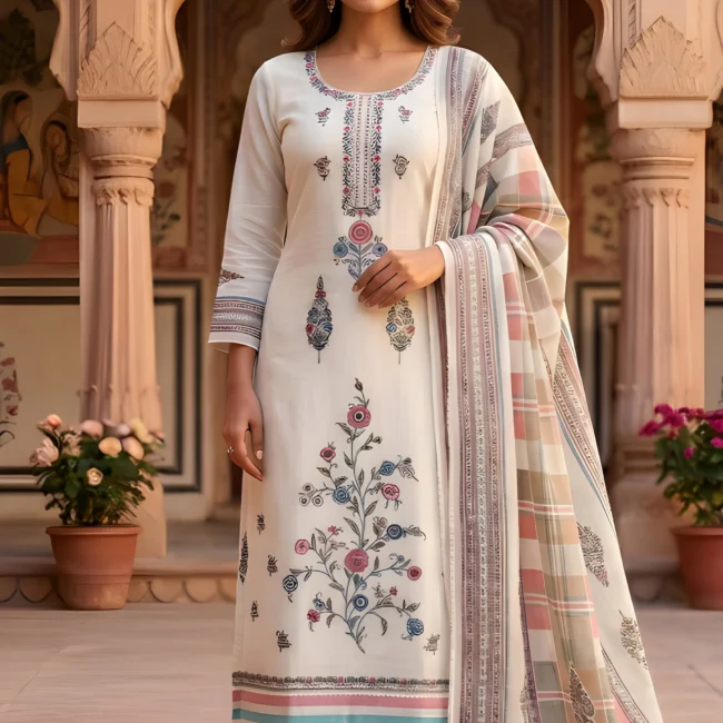 Ivory Bloom Linen Embroidered Unstitched Suit Set