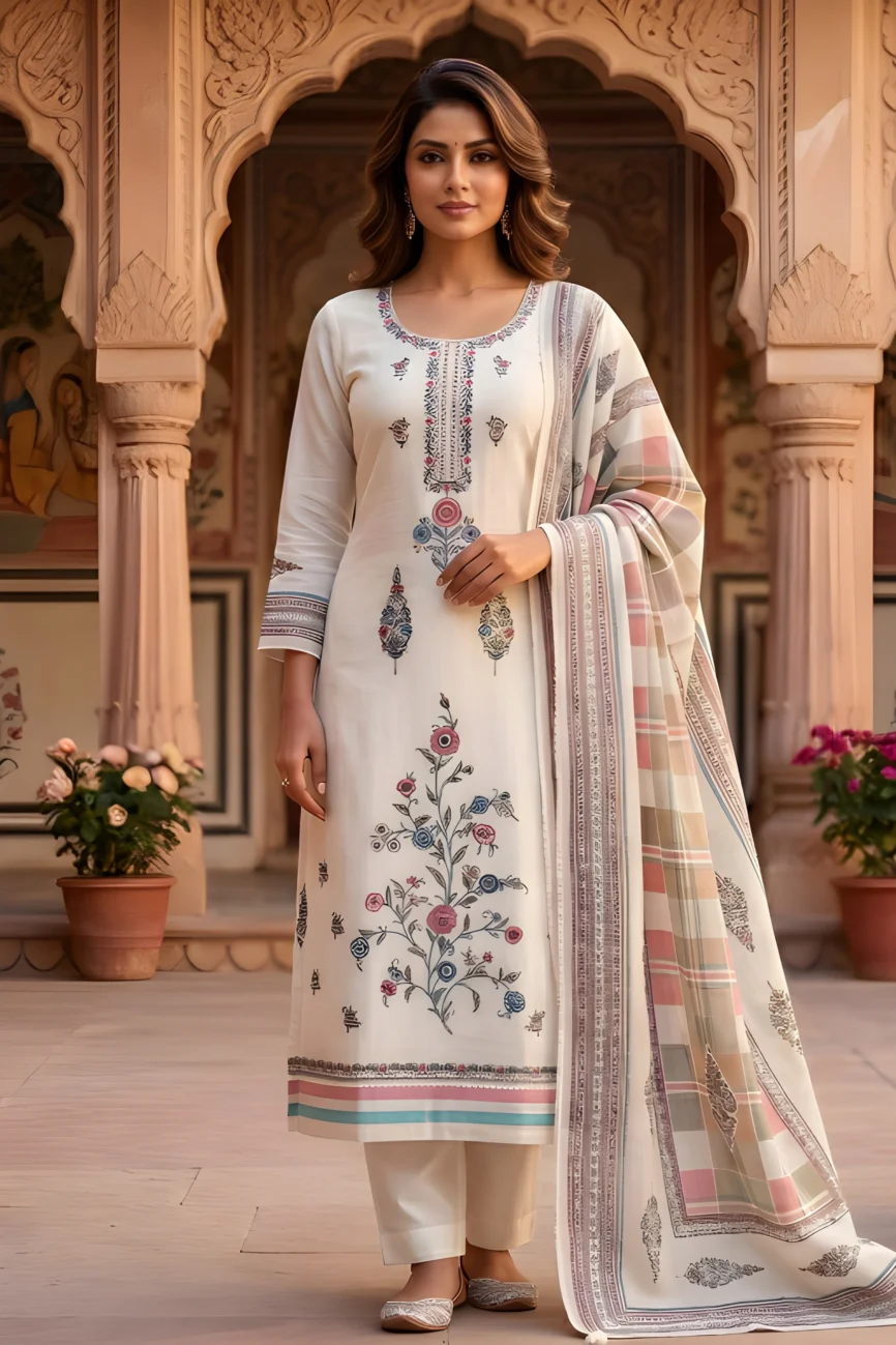 Ivory Bloom Linen Embroidered Unstitched Suit Set