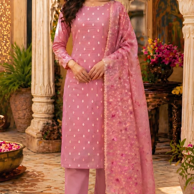 Blush Royale Cotton Unstitched Suit Set with Banarasi Weave & Embroidered Dupatta