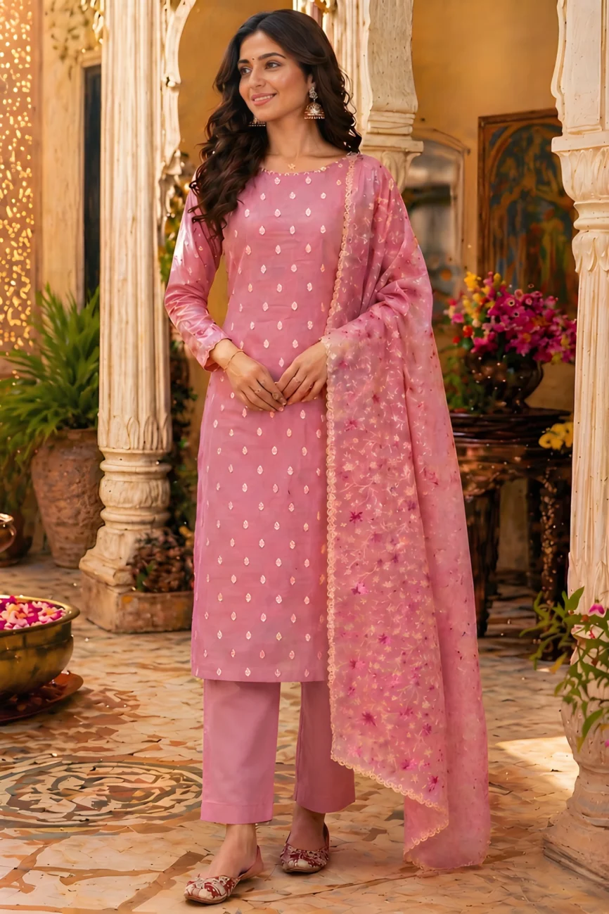 Blush Royale Cotton Unstitched Suit Set with Banarasi Weave & Embroidered Dupatta