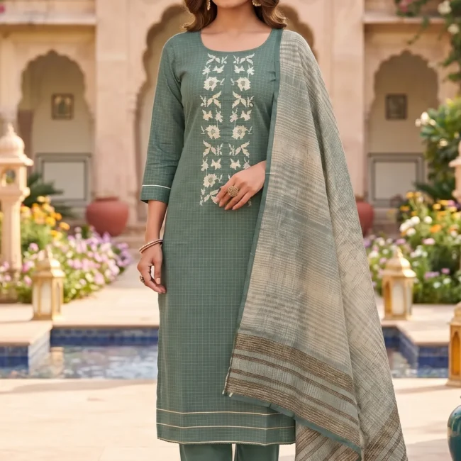 Emerald Grace Linen Unstitched Suit Set with Woven Dupatta