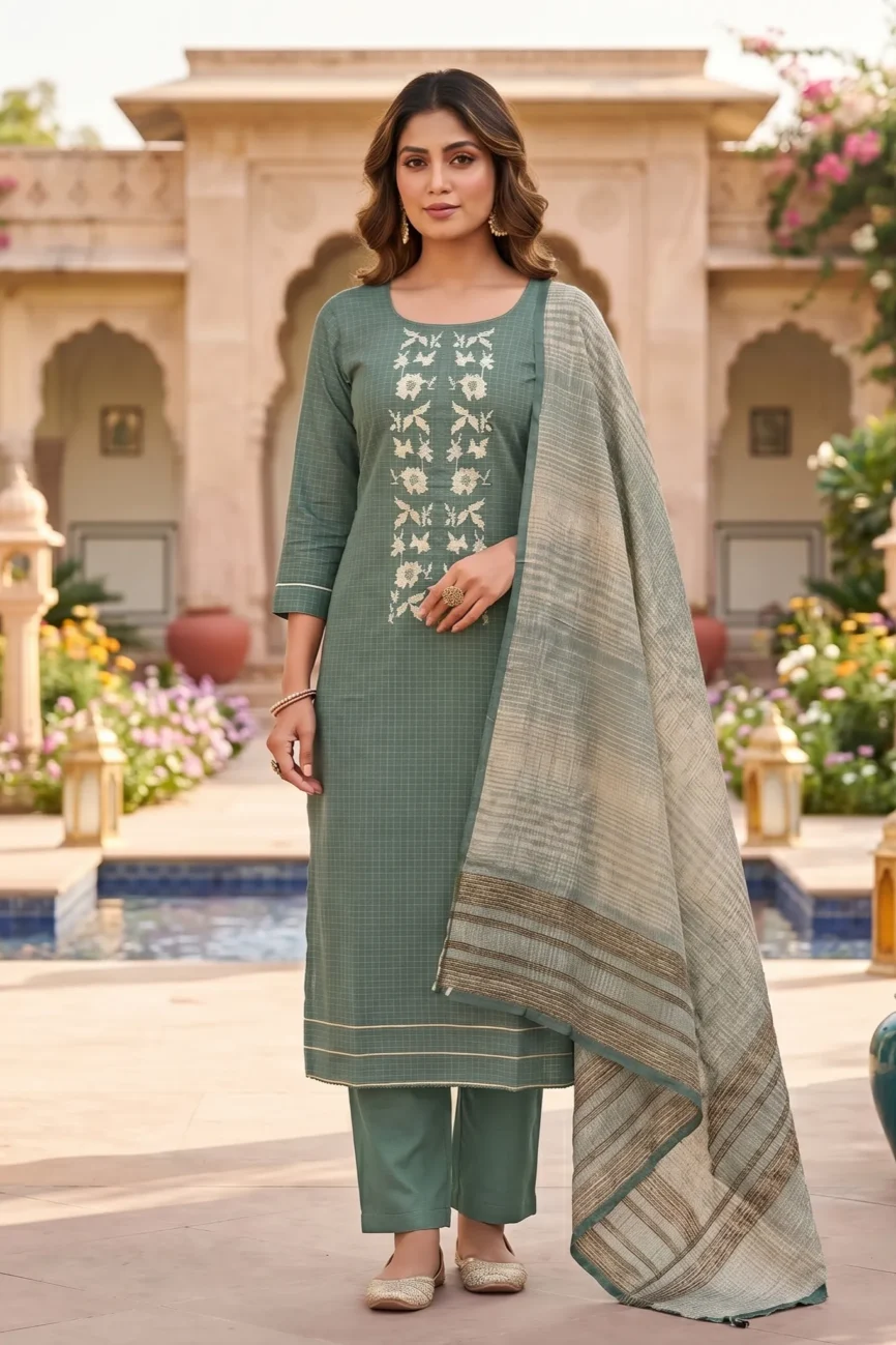 Emerald Grace Linen Unstitched Suit Set with Woven Dupatta