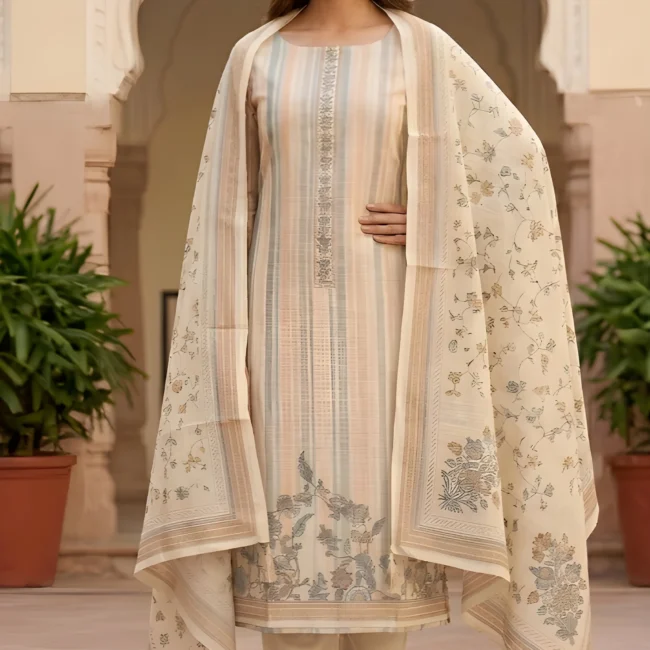 Sand Dune Elegance Linen Tissue Unstitched Suit Set with Embroidered Neck & Printed Dupatta