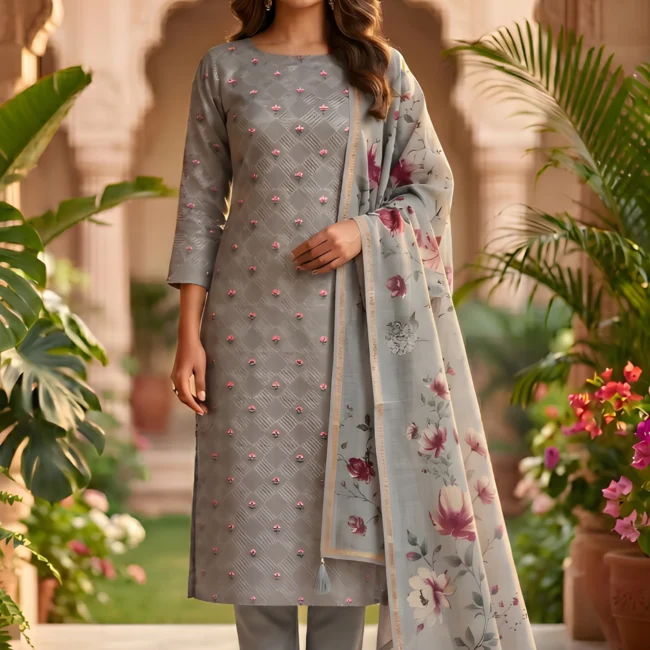 Grey Blossom Chanderi Silk Unstitched Suit Set