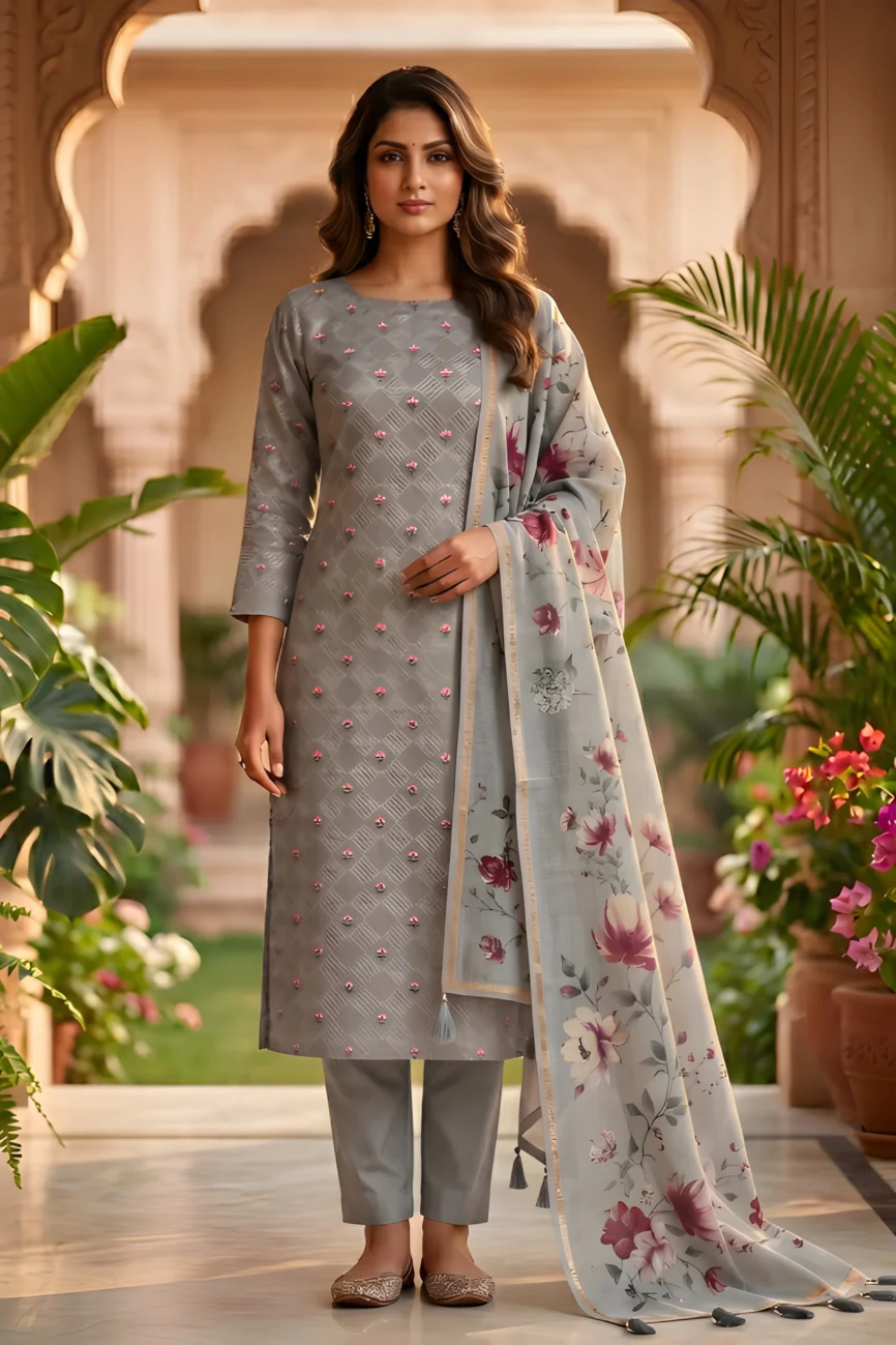 Grey Blossom Chanderi Silk Unstitched Suit Set