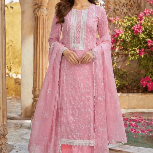Pink Grace Cotton Ethnic Suit Set with Thread Embroidery & Embroidered Dupatta