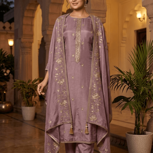 Lavender Tissue Suit with Intricate Embroidery & Embroidered Dupatta.