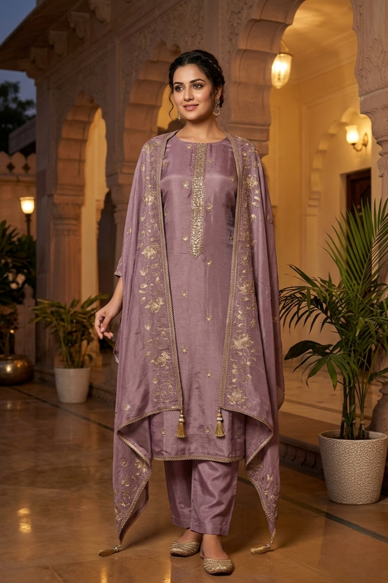 Lavender Tissue Suit with Intricate Embroidery & Embroidered Dupatta.