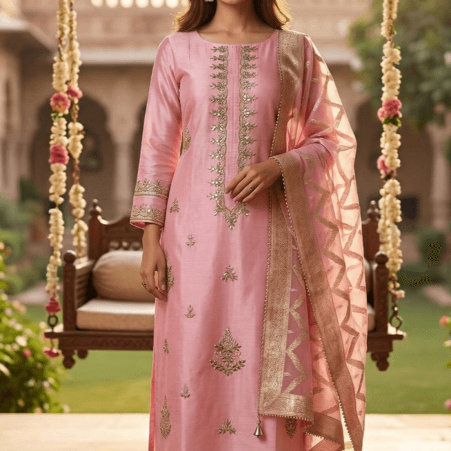Woman wearing a pink embroidered silk kurta with banarasi border dupatta beside a garden swing