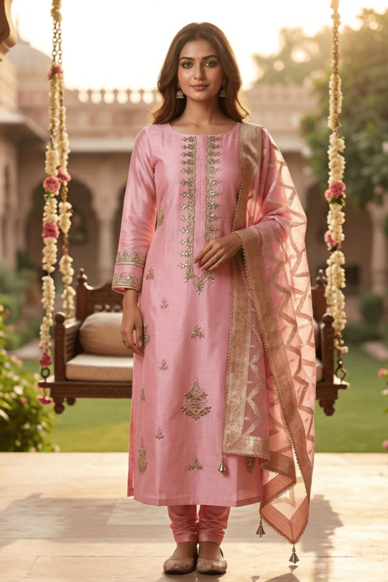 Woman wearing a pink embroidered silk kurta with banarasi border dupatta beside a garden swing