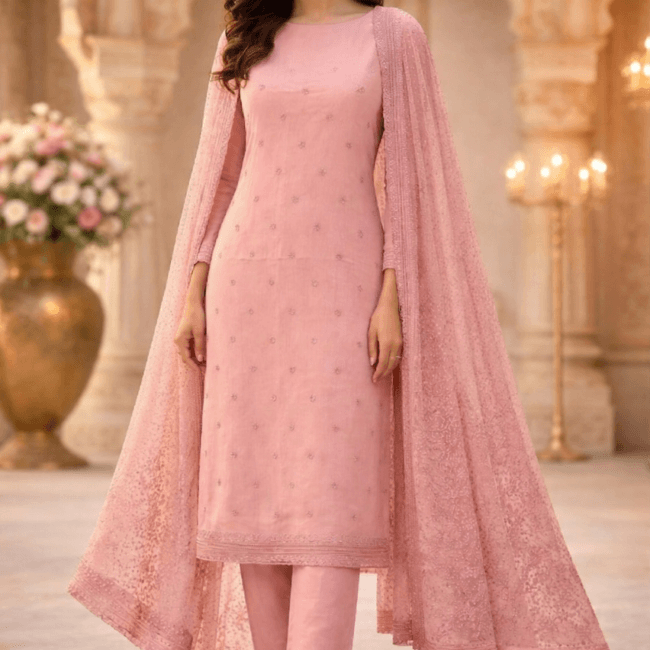 Blush Pink Chiffon Suit with Pearl Embellished Dupatta Along with lining and crepe Bottom