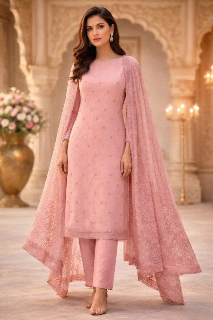Blush Pink Chiffon Suit with Pearl Embellished Dupatta Along with lining and crepe Bottom