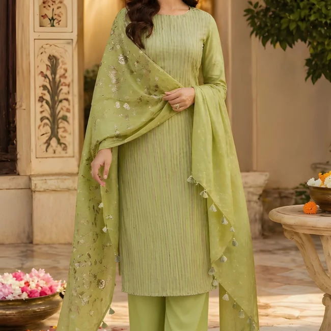Meadow Green Striped Cotton Unstitched Suit Set with Embroidered Dupatta