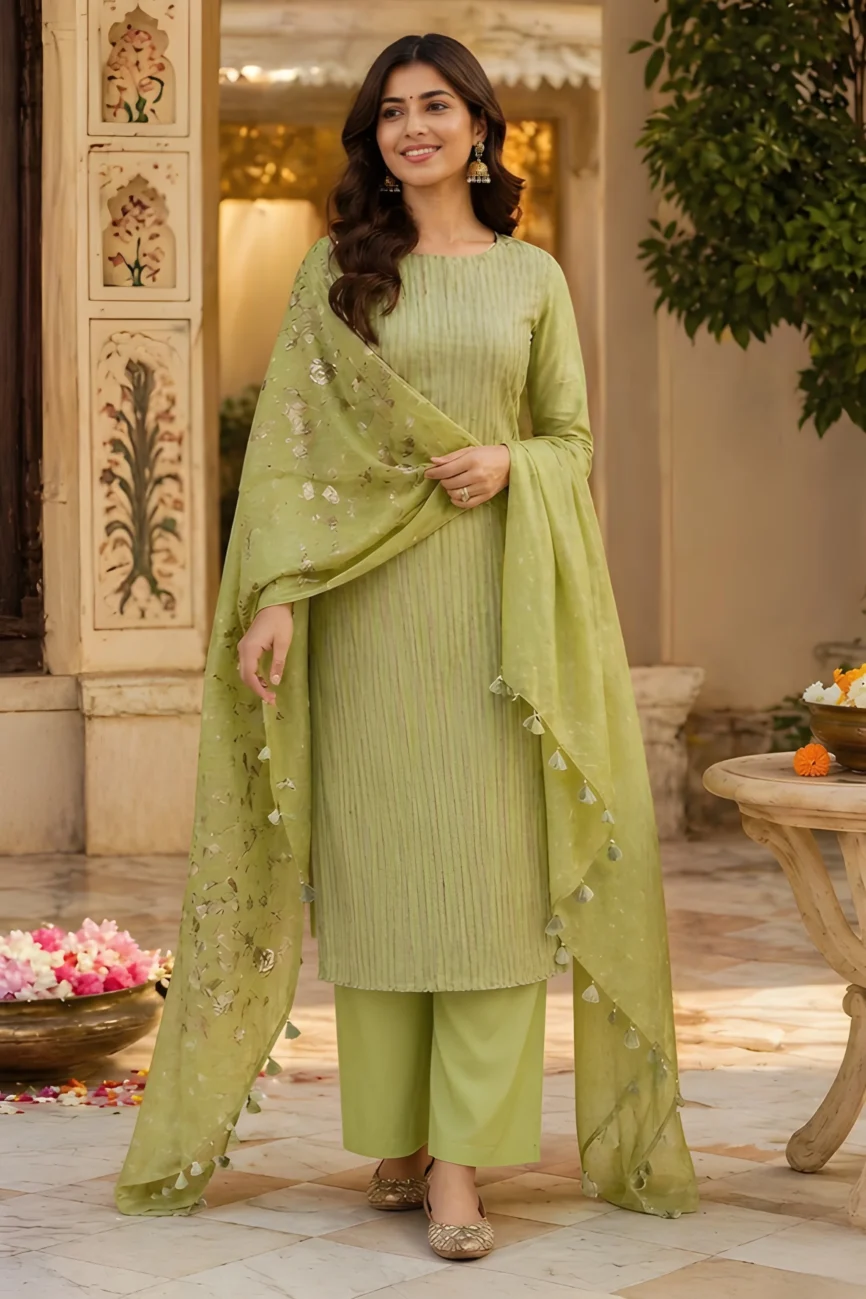 Meadow Green Striped Cotton Unstitched Suit Set with Embroidered Dupatta