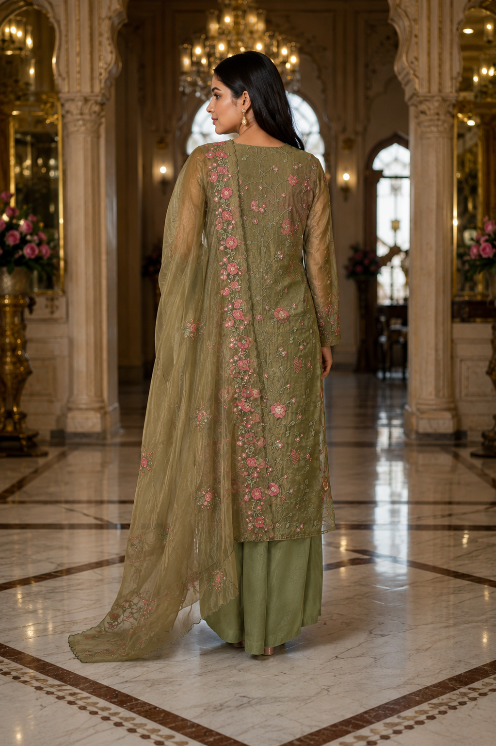 Olive Bloom Tissue Embroidered Unstitched Suit Set - Image 2