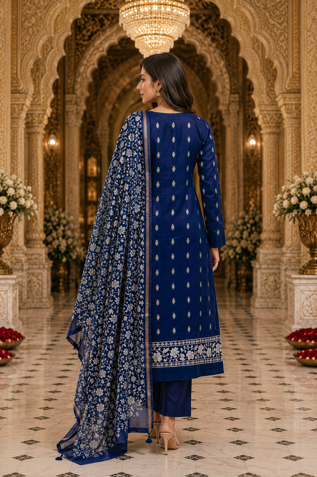 Royal Navy Chanderi Silk Zari Booti Unstitched Suit Set - Image 2