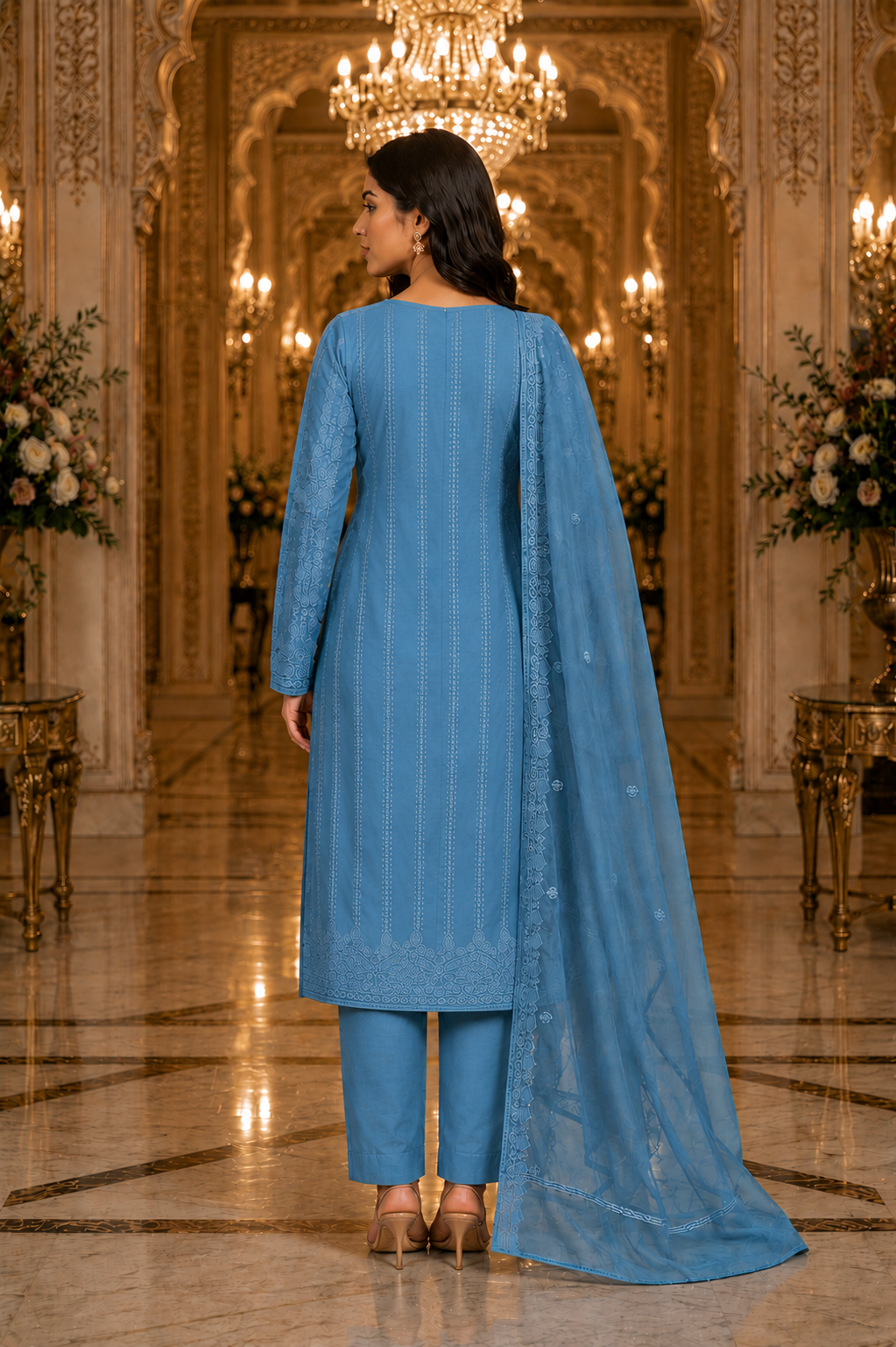 Teal Blue Mul Cotton Embroidered Unstitched Suit Set - Image 2