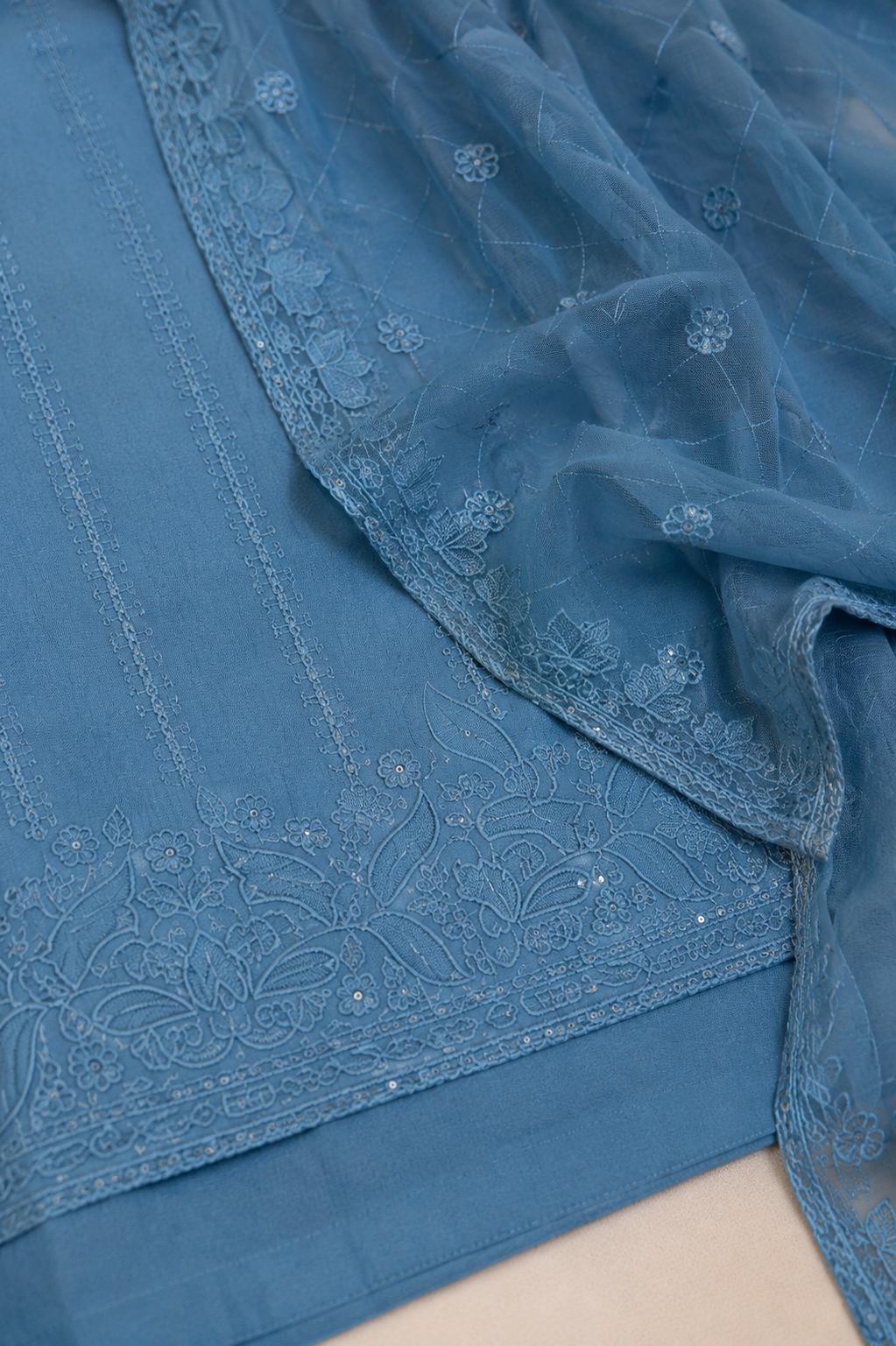 Teal Blue Mul Cotton Embroidered Unstitched Suit Set - Image 4