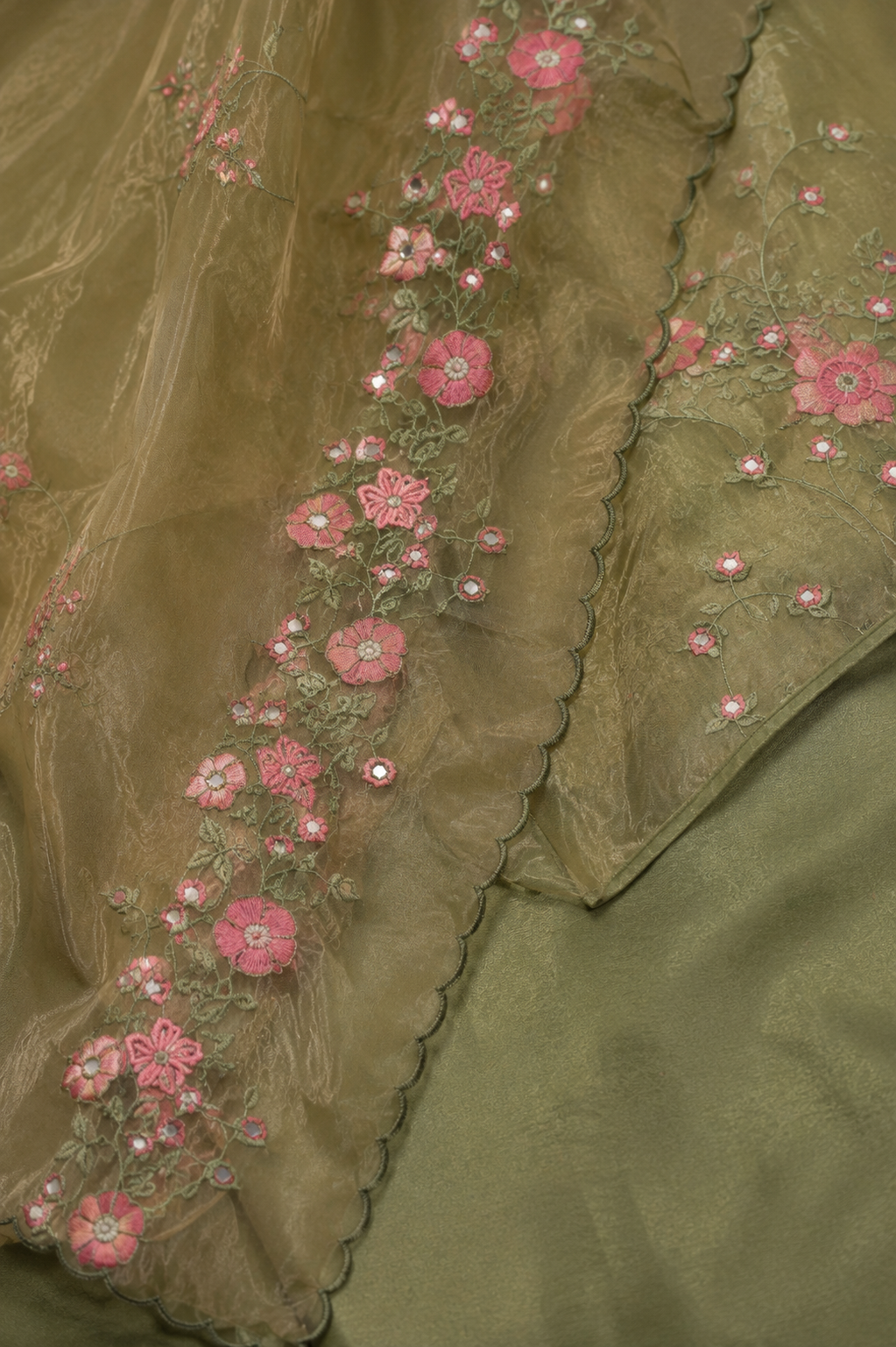 Olive Bloom Tissue Embroidered Unstitched Suit Set - Image 4