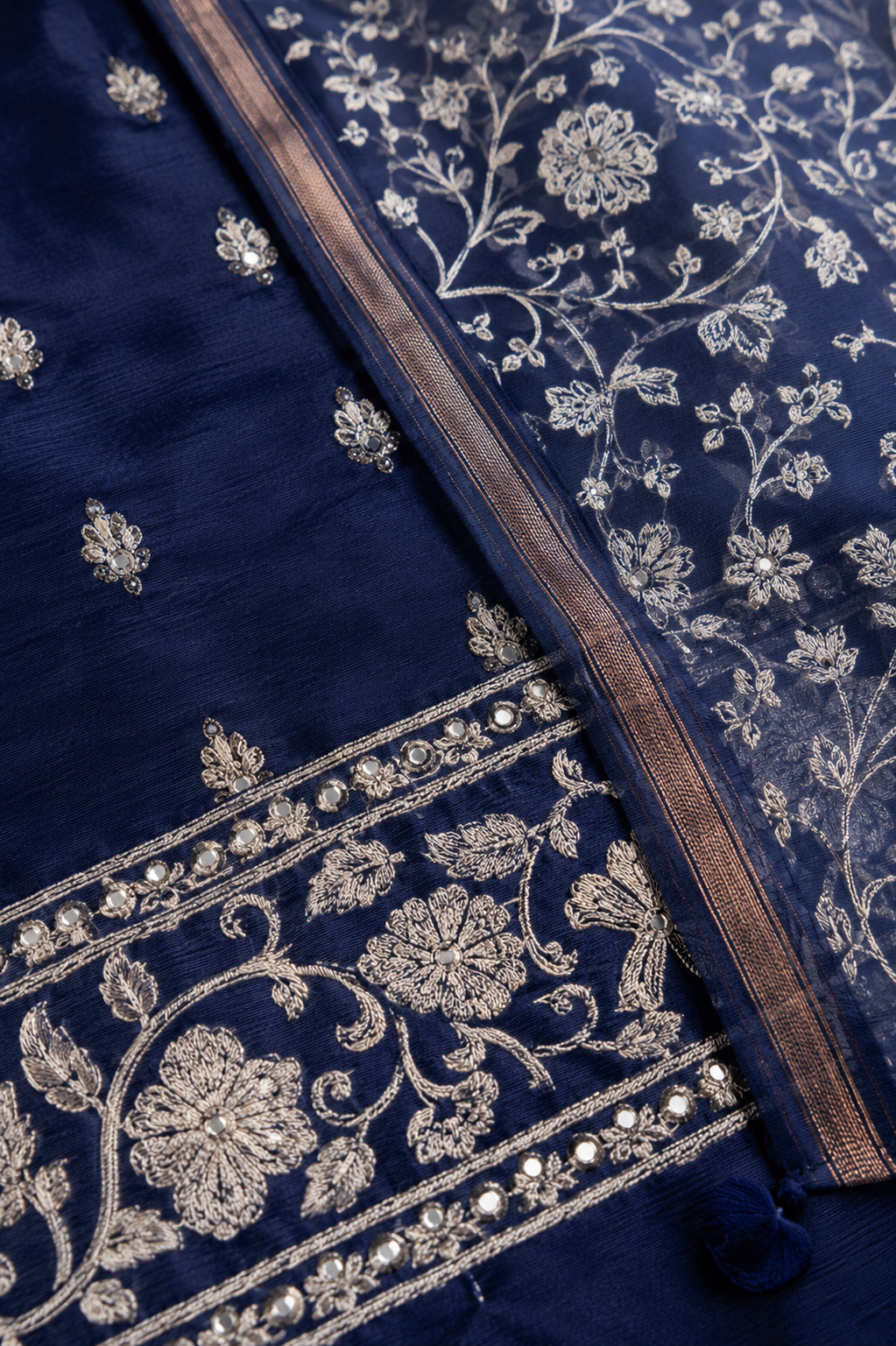 Royal Navy Chanderi Silk Zari Booti Unstitched Suit Set - Image 4