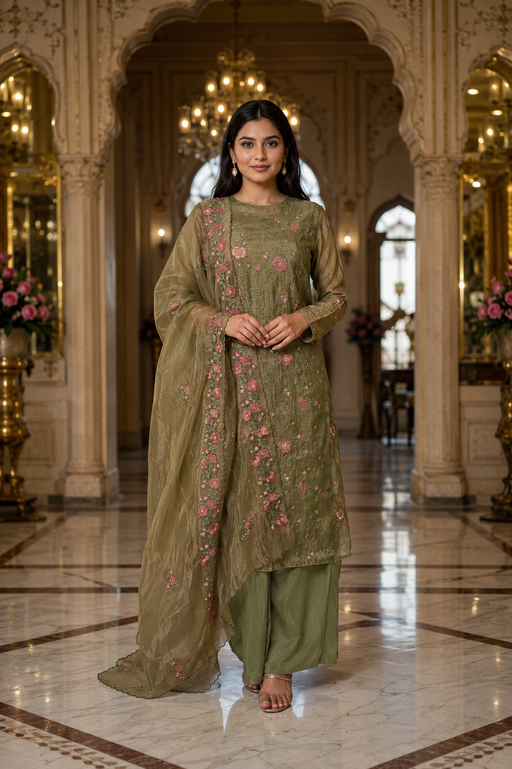Olive Bloom Tissue Embroidered Unstitched Suit Set