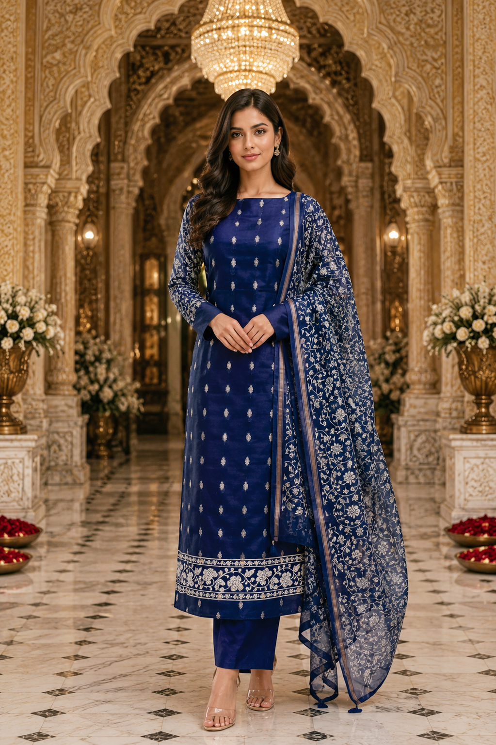 Royal Navy Chanderi Silk Zari Booti Unstitched Suit Set