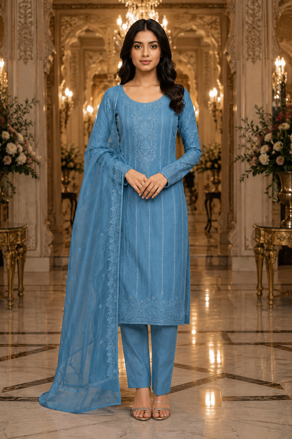 Teal Blue Mul Cotton Embroidered Unstitched Suit Set