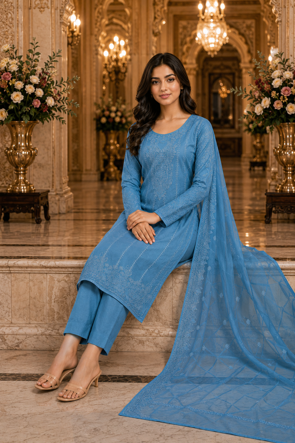 Teal Blue Mul Cotton Embroidered Unstitched Suit Set - Image 5