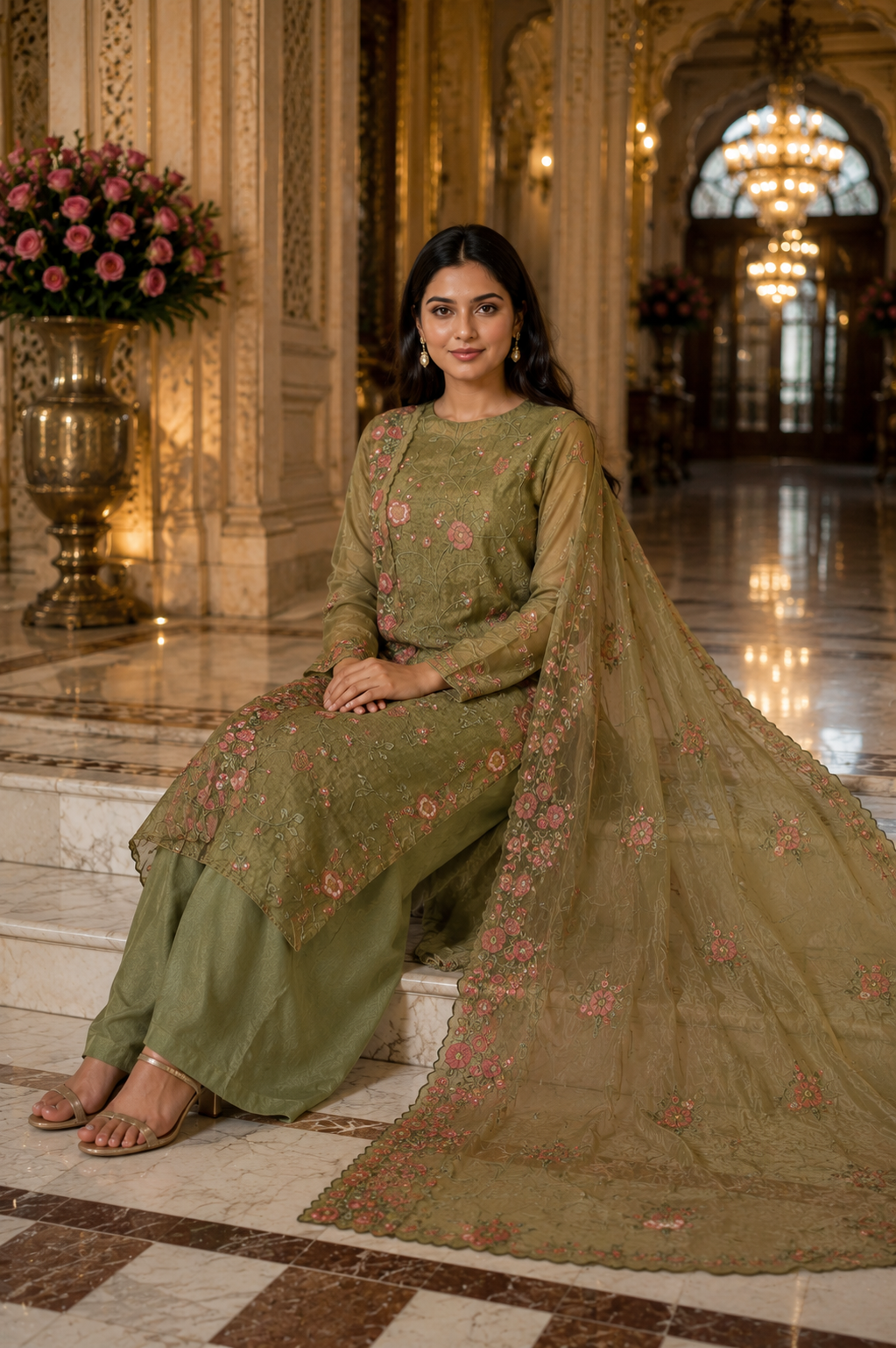 Olive Bloom Tissue Embroidered Unstitched Suit Set - Image 5