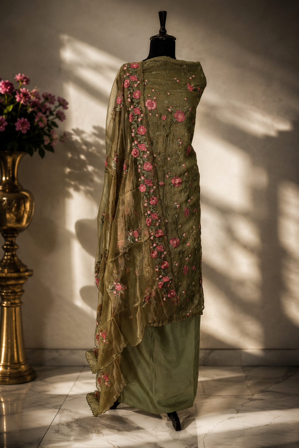 Olive Bloom Tissue Embroidered Unstitched Suit Set - Image 6
