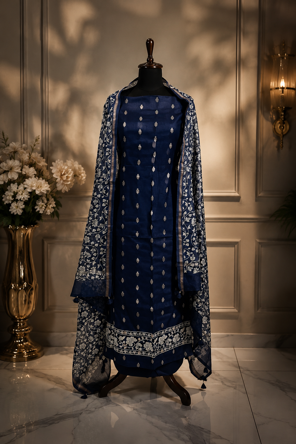 Royal Navy Chanderi Silk Zari Booti Unstitched Suit Set - Image 6