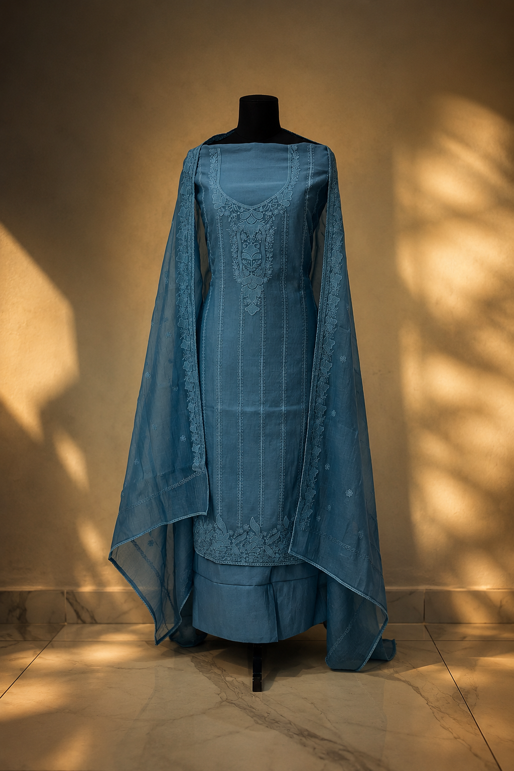 Teal Blue Mul Cotton Embroidered Unstitched Suit Set - Image 6