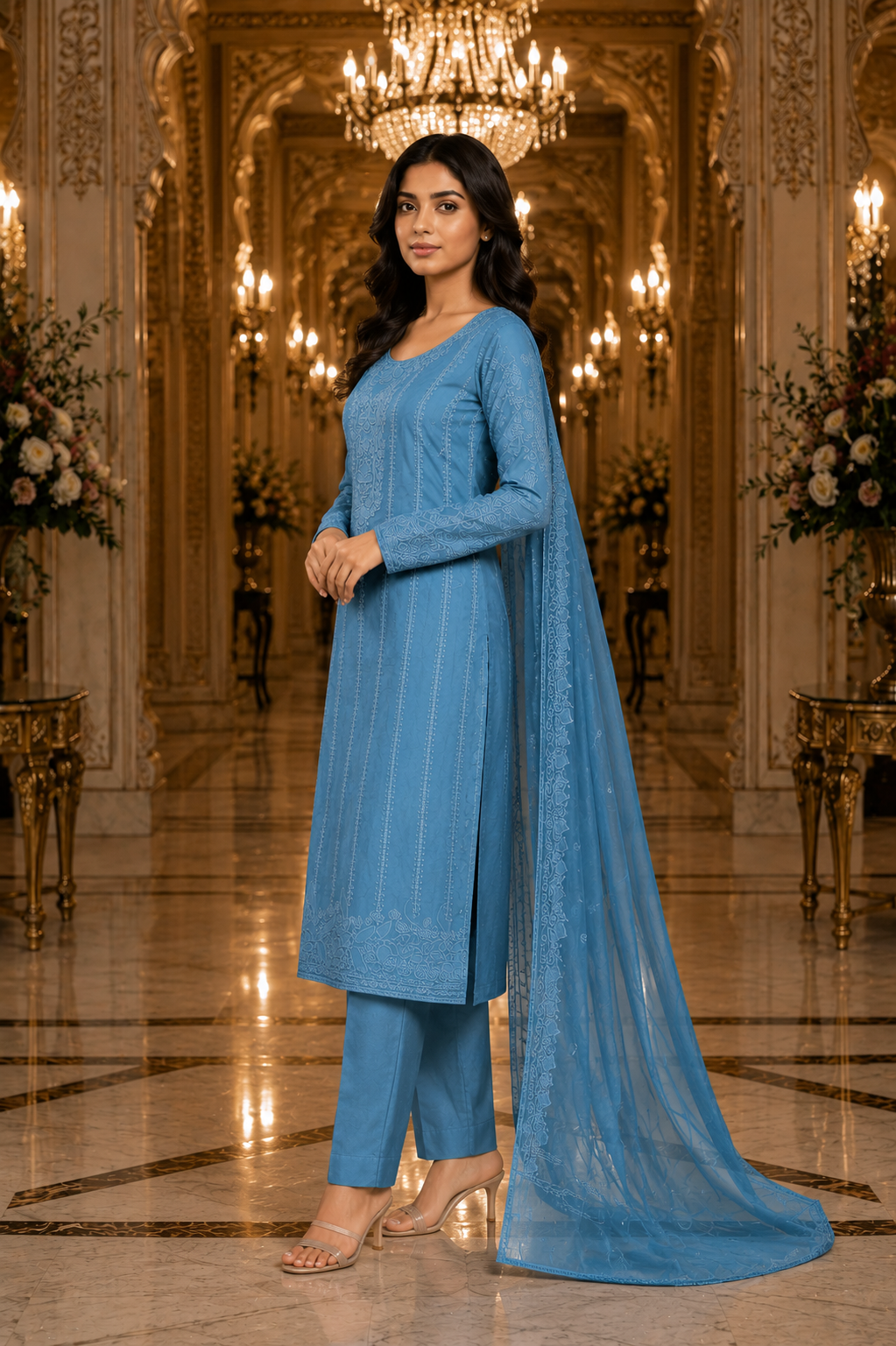 Teal Blue Mul Cotton Embroidered Unstitched Suit Set - Image 3