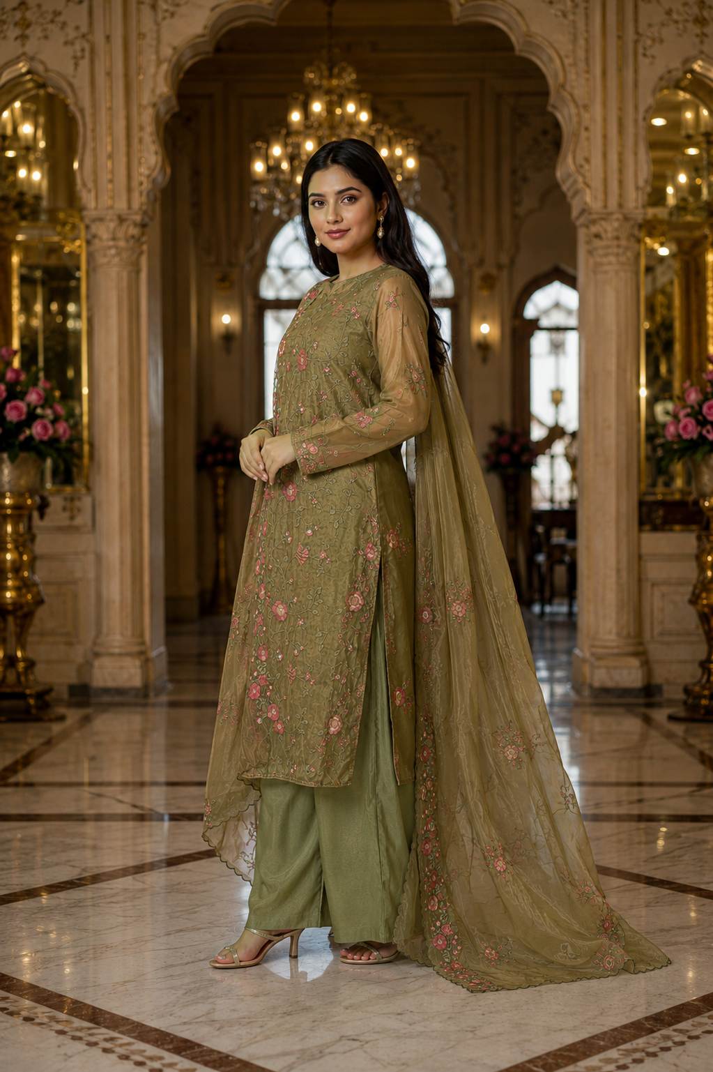 Olive Bloom Tissue Embroidered Unstitched Suit Set - Image 3